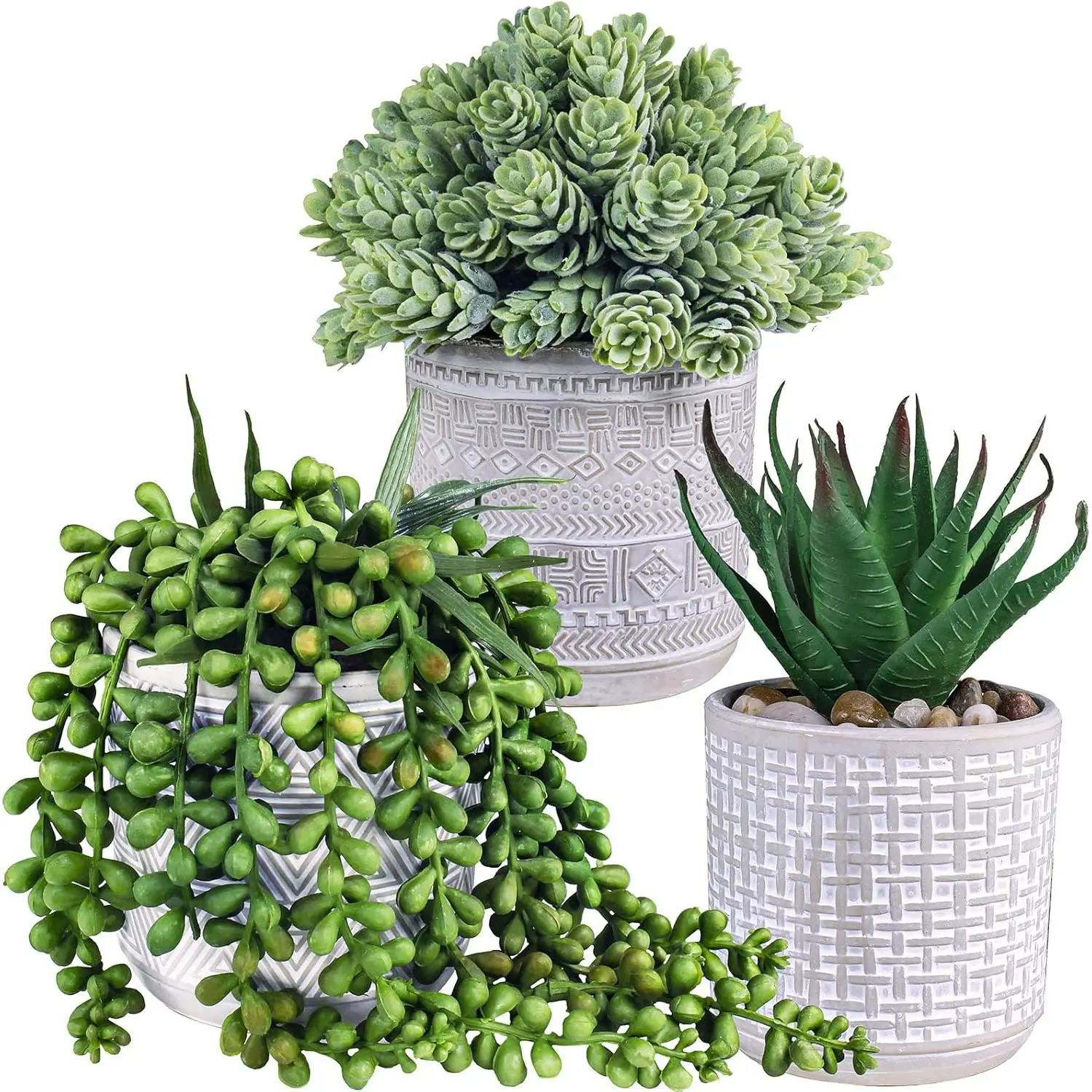 Set of 3 Assorted Small Potted Succulent Plants Fake Aloe String of Pearls Hops Succulents in Gray Geometric Concrete Ceramic Pots for Gifts Modern Home Office Desk Table Indoor Outdoor Greenery Decor