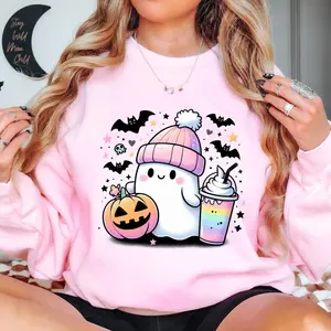 Ghost Sweatshirt, Cute Halloween Spooky Season Unisex, Youth Cute Fall Autumn Women Pink Coffee Bats Toddler Child Girl Sweater