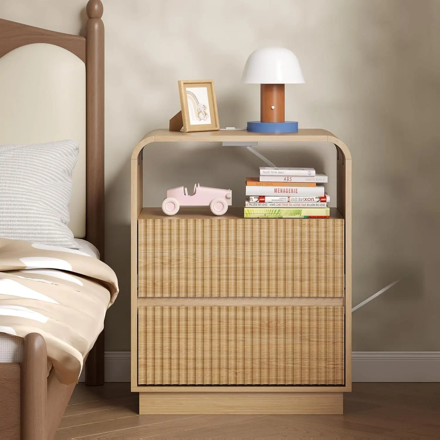 Dresser with 2 Drawers and Charging Station, Fluted Bedside Table with Round Curved Corner, Hidden Handles, 2 AC Outlets and 2 USB Ports, Modern Wood End Table with Open Shelf for Bedroom fathers day gift ideas