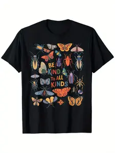 1Be Kind to All Kinds Bugs Entomology Insect Collector T-Shirt - Boys & Girls 100% Cotton Crew Neck Short Sleeve Tee with Colorful Insect Illustrations, Regular Fit Casual Shirt for Summer, Easter Father's Mother's Day Gifts