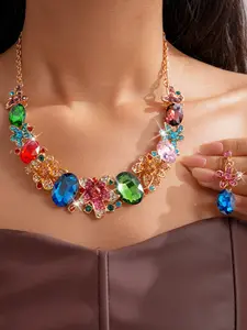 Colorful Rhinestone Oval Earrings Necklace Set, Vintage Choker Jewelry, Luxury Fashion Accessory, Perfect Gift for Holidays