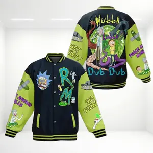 Rickk and Mortyy Varsity Baseball Jacket, Cartoon Streetwear Bomber, Oversized Vintage College Style Outerwear for Men_TVHN  |