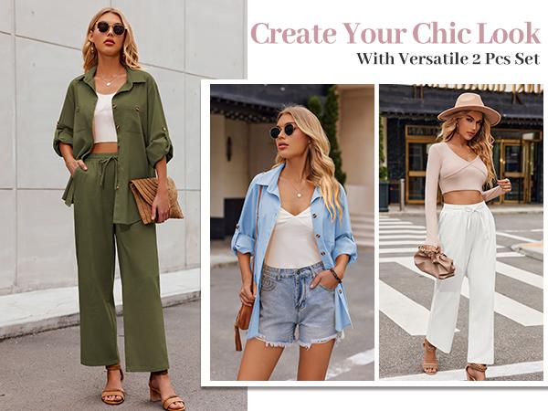 ZEAGOO Women 2 Piece Linen Sets Button Down Shirt and Drawstring Long Pants Set Summer Outfits ZEAGOO Women 2 Piece Linen Sets Button Down Shirt and Drawstring Long Pants Set Summer Outfits