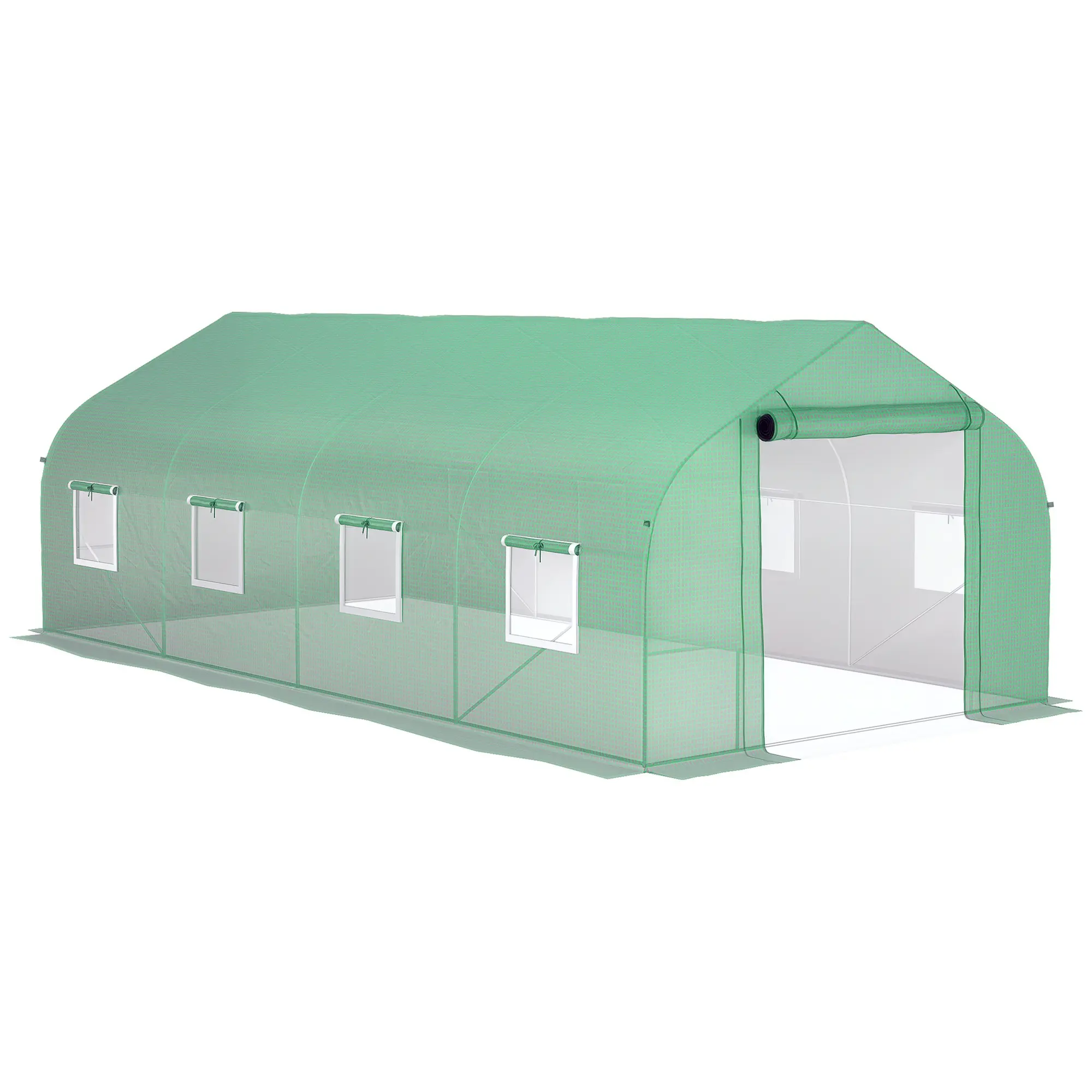 20' x 10' x 7' Walk-in Tunnel Greenhouse – Green. 140 GSM PE Cover (85% Light). Heavy Duty Galvanized Steel Frame + 4 Slant Tubes. Zippered Mesh Door + 8 Mesh Windows