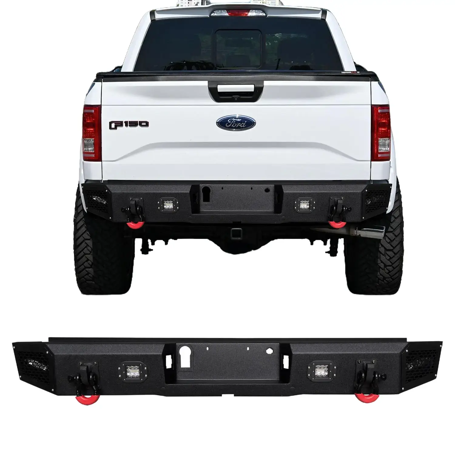 Vijay Steel Rear Bumper with Black Texture, LED Lights, 2 D-Rings - Off-Road Auto Parts Accessories, Car Accessory for 2015-2023 Ford F150 (Excluding Raptor and Ecoboost), Car Accessories Simple screw installation