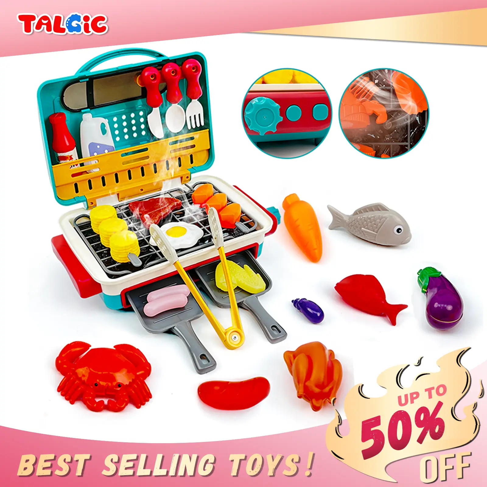 Talgic BBQ Grill Toy Set and Fryer Set for Kids - Color Changing Pretend Play, Little Chef Play, Interactive BBQ Toy Set