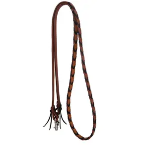 Rein – Barrel Rein. 5/8″ Harness leather with Brown platt. Snap hook clasp