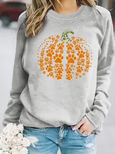 Women's Casual Halloween Pumpkin Dog Paw Print Loose Pullover Sweater, Soft Long Sleeve Round Neck Sweatshirt, All Seasons Wear