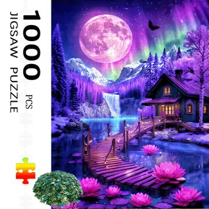 S&H 300/500/1000-piece Northern Lights Winter Jigsaw Puzzle, featuring images of the Northern Lights, a cozy cabin, and a waterfall - in pink tones, depicting lotus flowers, ice caves, and snowy landscapes - includes a baseboard for easy assembly