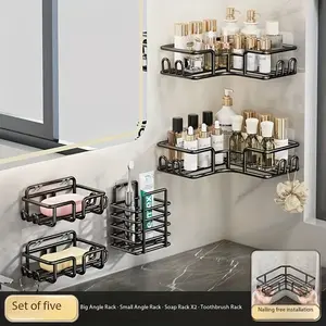 4PCS/5PCS, Corner Sticky Shower Caddy with Soap Dish and 1 Piece 4 Hooks, Rustproof Stainless Steel Bathroom Storage Box, No Drilling Wall Mounted Shelves