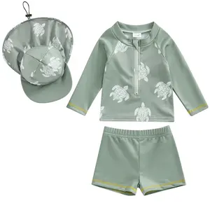 Toddler Baby Boys 3-Pieces Swimsuit Sets Long Sleeve Turtle Bathing Suit Rash Guards Swimwear with Sun Hat UPF 50+  Swimwear