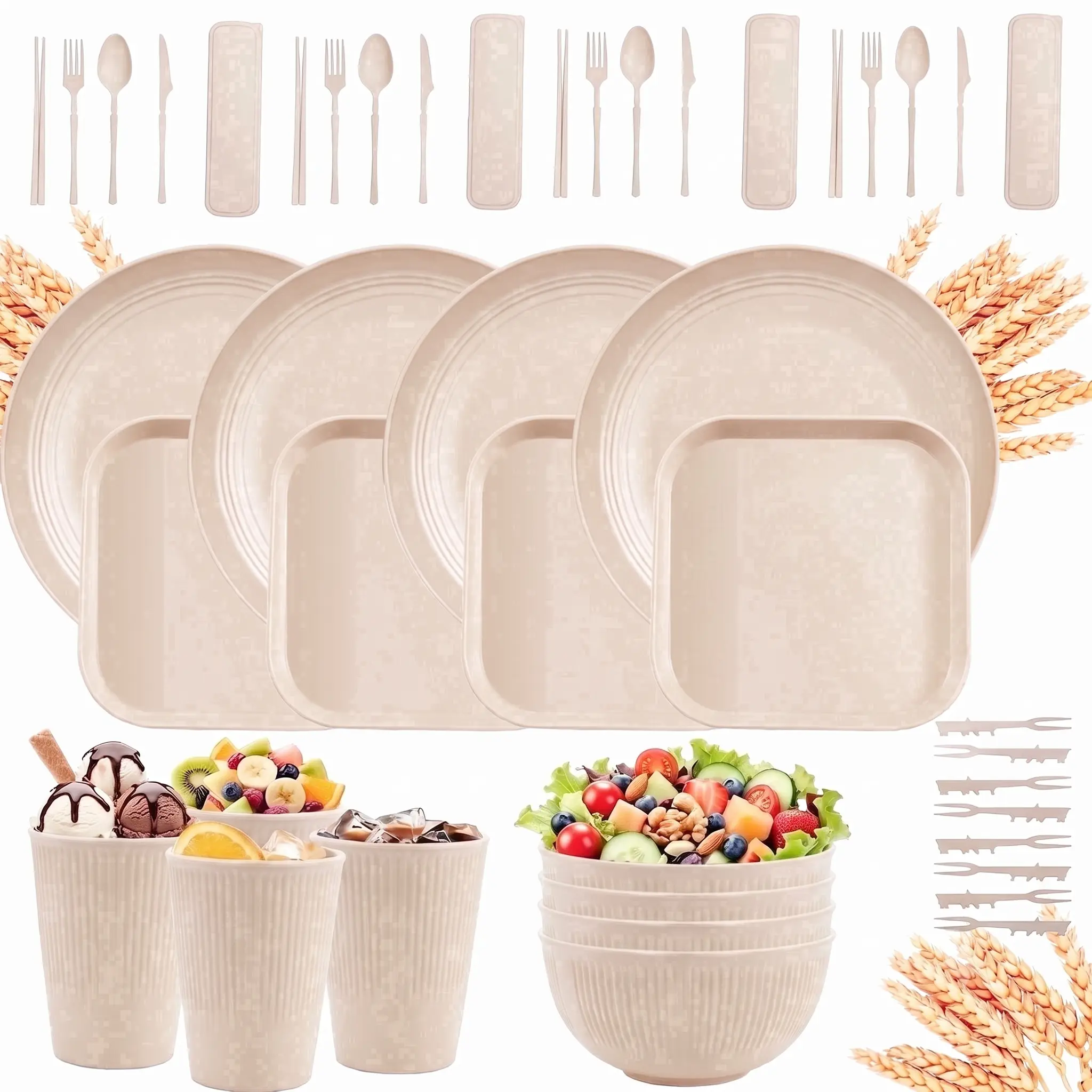 Wheat Straw Tableware Set 48 Piece  – Microwave & Dishwasher Safe Unbreakable Plates, Bowls, Cups & Cutlery