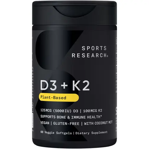 Sports Research Vitamin D3 + K2 - 5000iu of Plant-Based D3 & 100mcg of Vitamin K2 as MK-7 - Non-GMO Verified & Vegan Certified - 60 Veggie Softgels