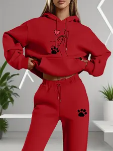 Women's Cozy Thin Hoodie & Sweatpants Set - Adorable Hand-Paw Print & Heart Graphic Matching 2 Piece Women Tracksuit