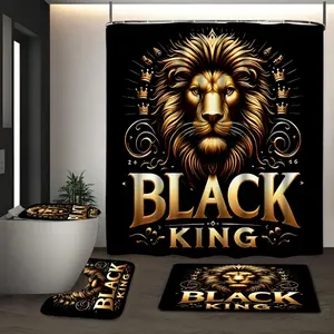 Lion Pattern Bathroom Set, 1 Shower Curtain & 1 Toilet U-shape Mat & 1 Rectangular Mat & 1 Toilet Lid Cover, Bathroom Decor Supplies, Shower Curtain Sets