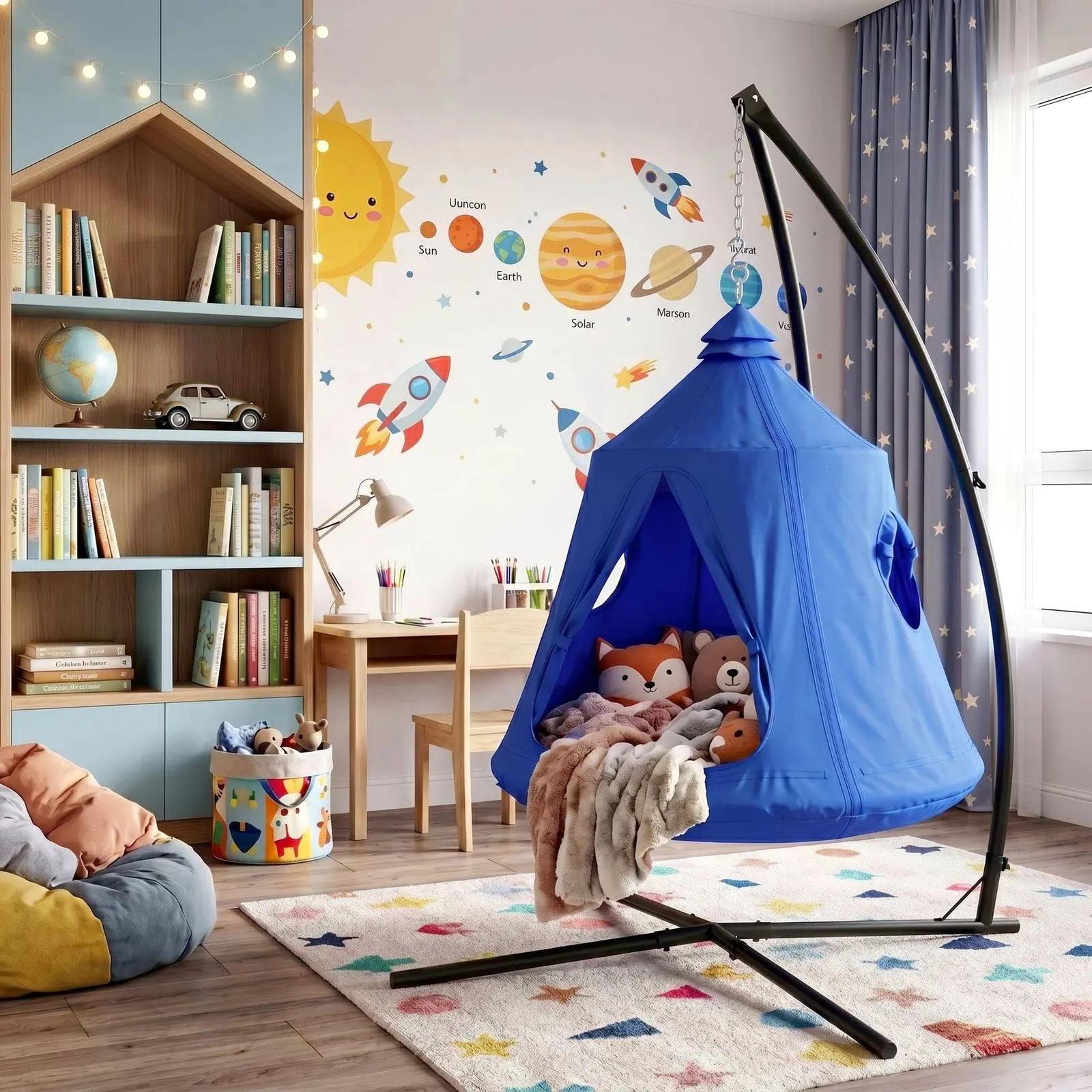 Arlopu X-Shaped Hanging Tree Tent with Swing Chair, Metal Hanging Hammock with LED Lights, 330 LBS Weight Capacity, Adjustable Solid Stand, Kids Play House, summerwins