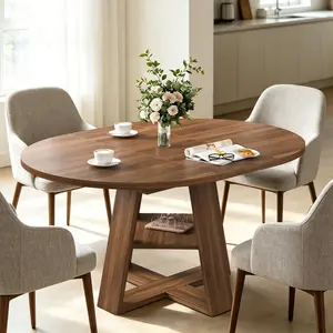 43.3in-59in Extendable Round Dining Table for 4-8,Modern Kitchen Oval Dining Table with Removable Leaves Space Saving,Wood Base with Storage Shelf for Kitchen Living Room
