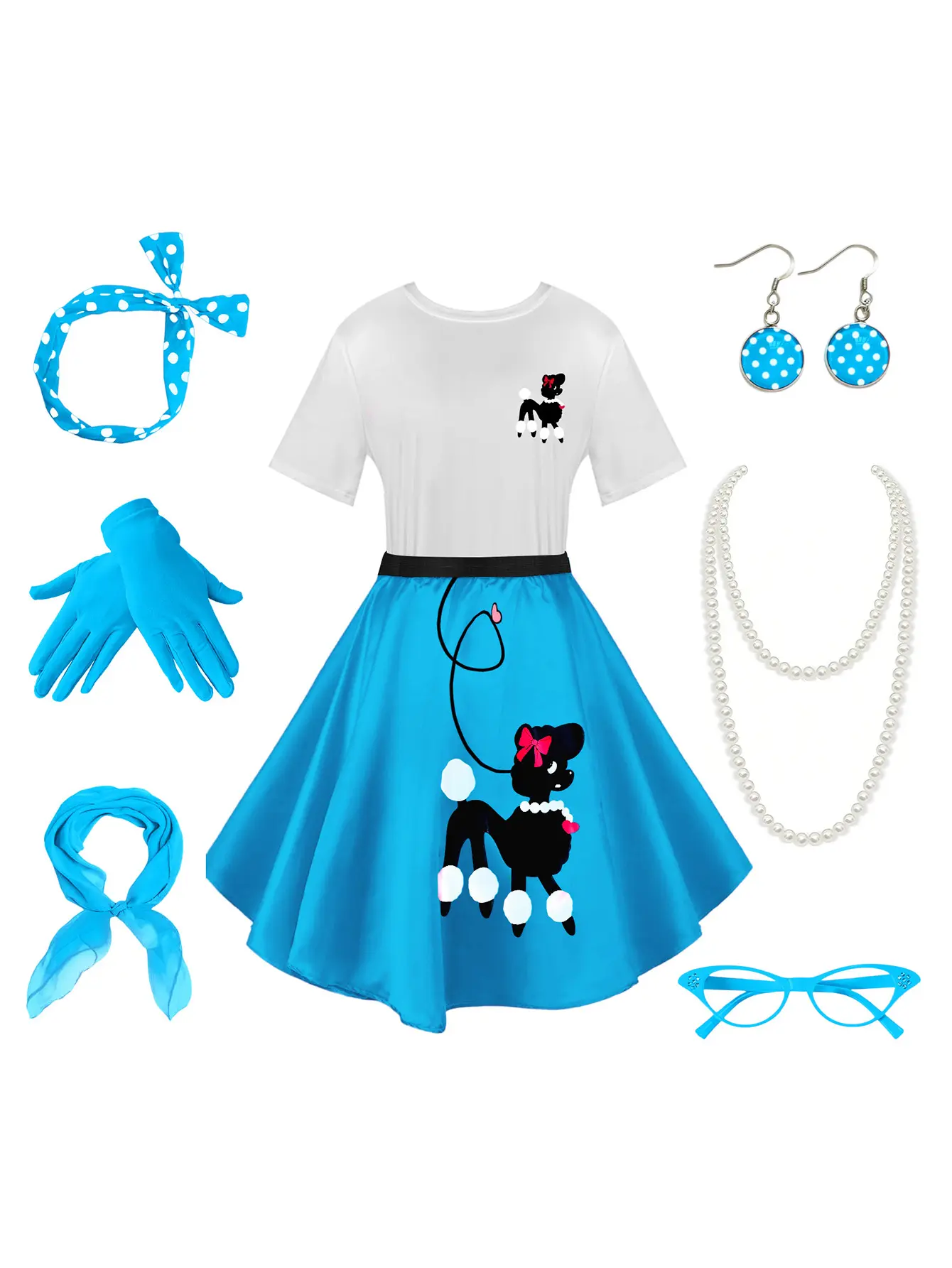Women's 8-Piece Costume Dress Set, Soft 1950s Style Sock Hop Outfit with Poodle Applique, Fitted for a Ladies Birthday Event, Clothes, Accessories, Bandana, Fashion Blue Check, Casual