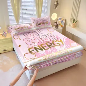 3Pcs "Bad Bitch Energy" Pink Candy Floss Print Fitted Sheet Set, Stylish Aesthetic Bed Sheet Set, Soft Microfiber Bedding Set with Pillowcases, Decorative Bedsheet Sets, Bed Sets Supplies, Perfect for Bedroom & Dorm Decor - No Filling