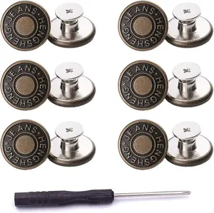 12 Pcs Button for Sewing Metal Jeans, 17 mm No-Sew Nailess Removable Metal Jeans Buttons Replacement Repair Combo Thread Rivets and Screwdrivers