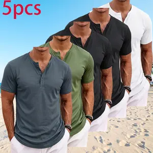 5-Pack Men’s Casual Henley Shirts, Short Sleeve, Button Placket, Breathable Fabric — Ideal for Beach Vacations and Everyday Wear Plain Shortsleeve Tropical Polo Top Menswear Wetsuit Wetsuit Beige