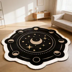 Moon Phase and Star Map Abstract Round Rug, Modern Area Rug, Home Decorative Rug, Black & Gold Color Block Tufted Floor Mat, Anti-Slip Wear-Resistant Living Room Mat, Decor Pad, Suitable for Home Decoration
