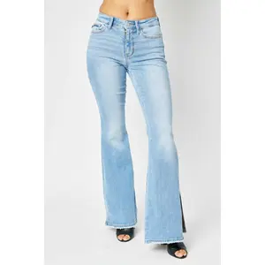 Judy Blue Full Size Mid Rise Raw Hem Slit Flare Jeans Slightly Stretchy Light Wash Denim with Pocket and Casual Fit Bottom Womenswear Denim Jeans