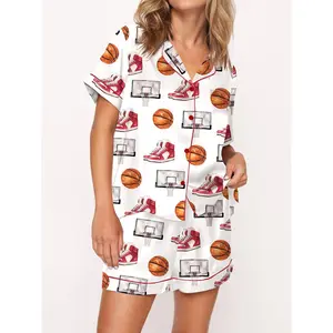 Sport Style Basketball Themed Elegant Printing Graphic Satin Pajama Set for Women - Comfy Short Sleeve Top with Matching Shorts Lapel Collar - Ideal for Sleepwear & Lounge