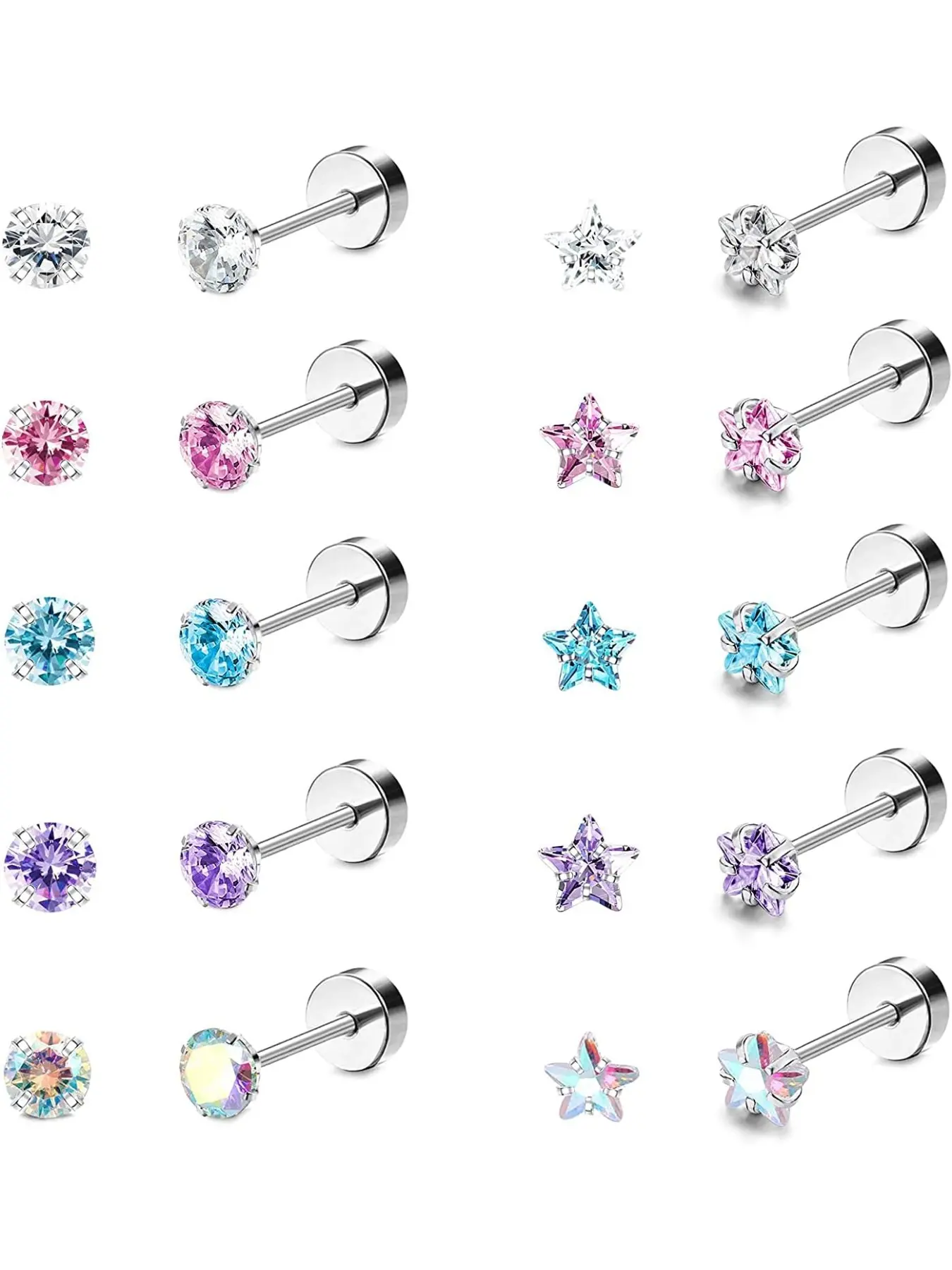 10 Pairs 18G Ear Stud Earrings for Women Stainless Steel Round Star Cubic Zirconia Earrings Tragus Cartilage Piercing Barbell Screw Back Earrings Set Elegant Minimalist Earrings Stud Earrings Jewelry