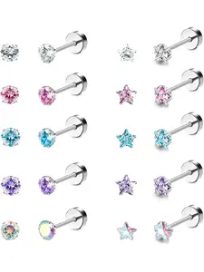 10 Pairs 18G Ear Stud Earrings for Women Stainless Steel Round Star Cubic Zirconia Earrings Tragus Cartilage Piercing Barbell Screw Back Earrings Set Elegant Minimalist Earrings