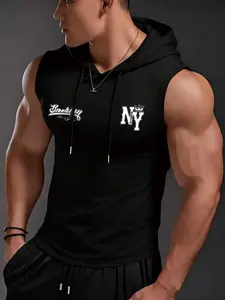 Men's Sleeveless Hooded Gym Vest, Slim Fit Muscle Cut, Minimalist Street Style, Breathable Elastic Fabric, Ideal for Fitness and Daily Wear