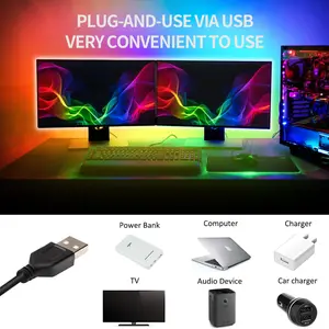 RGB TV backlight LED strip lights for behind the TV, music sync via Bluetooth app control, USB powered, ideal for gaming, bedroom, home parties, room décor, and TV sync LED