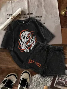Two-Piece Set Women's Skull Print Short Sleeve Tee & Shorts, Casual Fashion Round Neck T-shirt & Skinny Shorts for Daily Outdoor Wear, Ladies Summer Clothes, Suits
