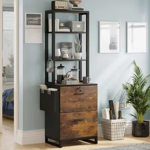 Sikaic 2 Drawers File Cabinet with Lock Storage Bag Open Shelf and Hook Brown Bedroom Furniture Table Organize Desk Organization Wood Workstation Bookshelf
