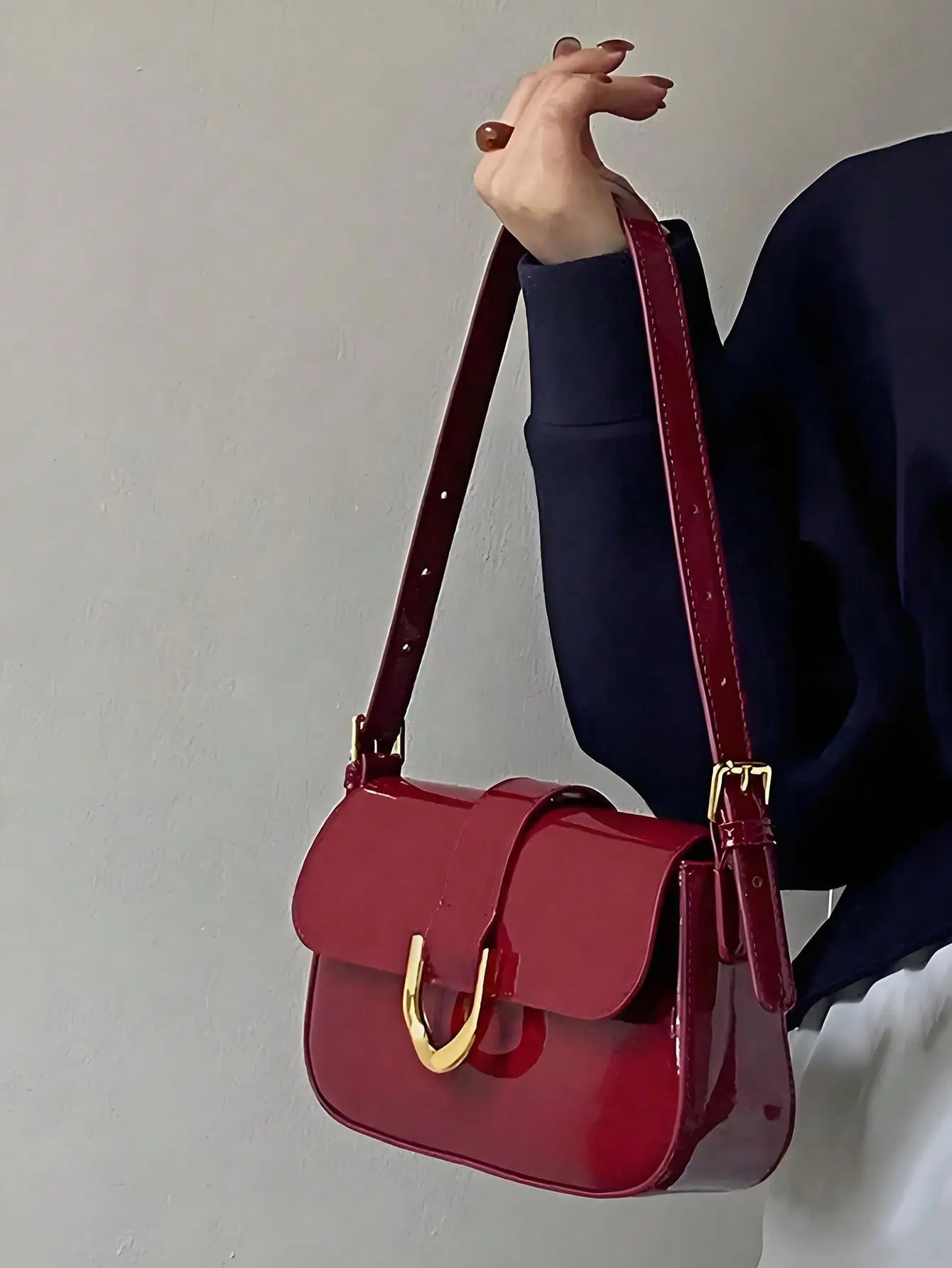 1pc Lacquered Polyurethane Leather Handbag For Women, Burgundy Baguette Bag, Y2K Babe Bag, Lacquered Square Bag,Simple Mini Bag,Shoulder/Underarm Bag