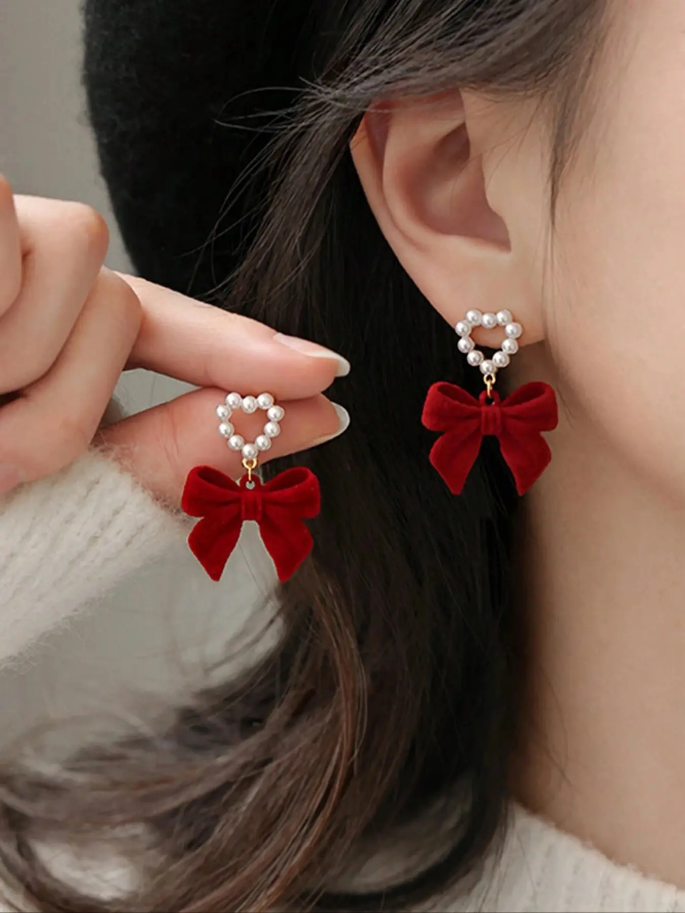 Mother's Day Gift Heart-Shaped Pearl Embellished Bowknot Earrings, Pearl Bowknot Decorated, Elegant Vintage Style Jewelry for Women, Fashionable Party Accessories & Daily Wear Gift Ideas, Pearl Studs