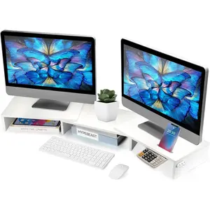 Dual Monitor Stand Riser For 2 Monitors, Monitor Stand For Desk, Adjustable Length & Swivel Angle Wooden Desktop Organizer Stand Riser With Smartphone Holder For PC Monitor And Laptop, White