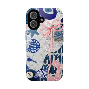 Mclaiwoodshop Blue Coquette Bow Collage Phone Case Preppy Collage Scrapbook Collage Preppy Wall Collage Back To School Girls Phone Case Phone Cover Hard Cases Tough 2-piece Magnetic Phone Case