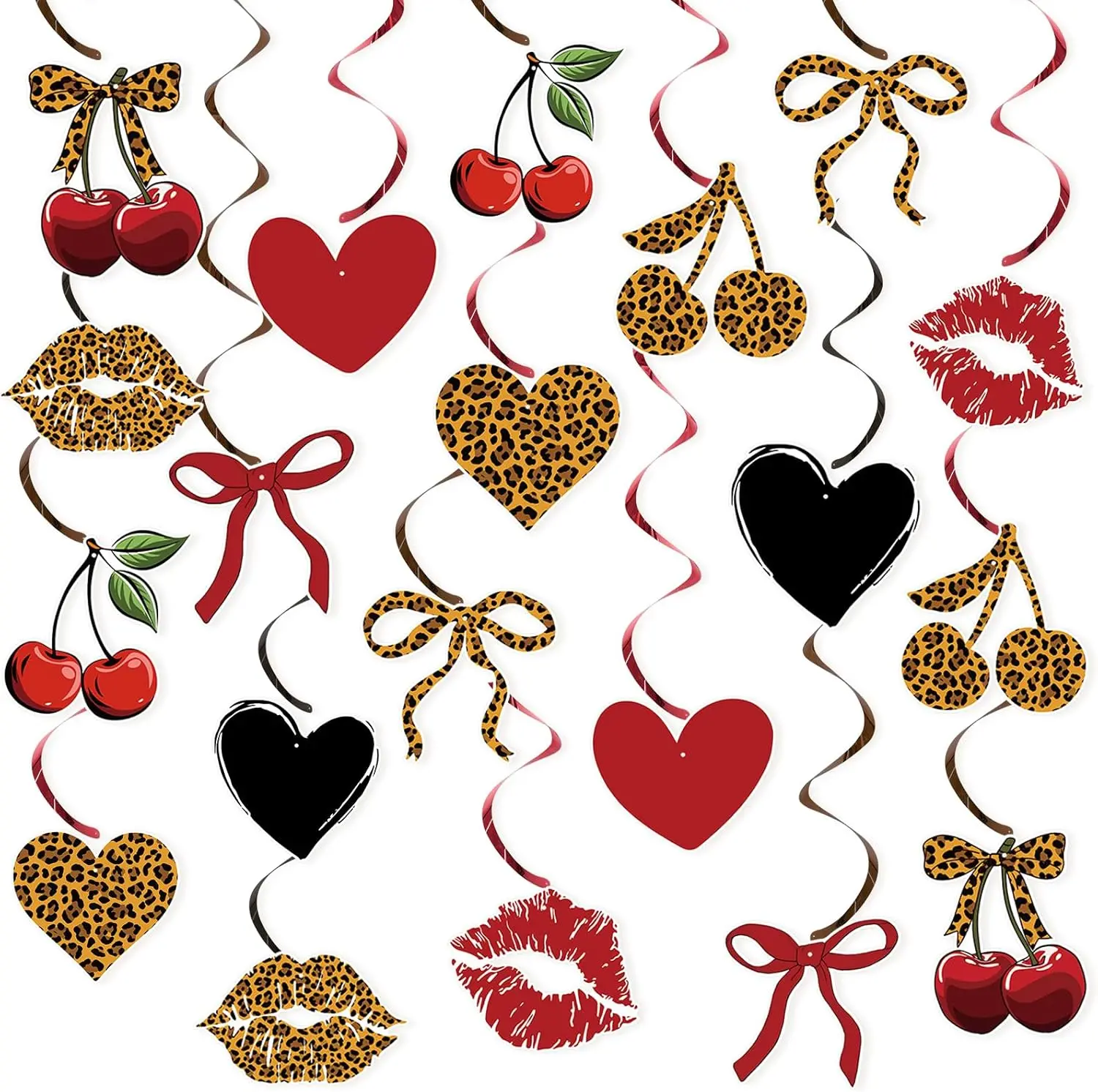 Cheetah Cherry Decoration Set, 20 PCS Black Safari Hanging Swirls with Themed Cards for Girls' Celebrations