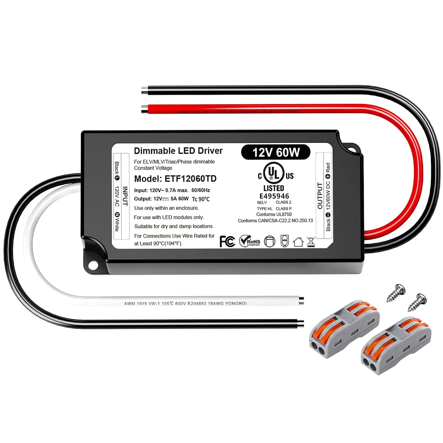 12V Dimmable LED Driver 60W UL Listed, 120V to DC 12V Triac ELV/MLV LED Transformer Compatible with Lutron &  Switches 60 Watt LEDs Power Supply 12 Volt for Strip Cabinet Light