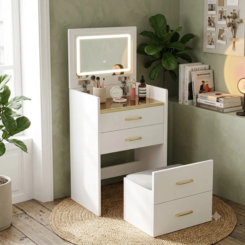 3-in-1 Compact Bedroom Makeup Vanity Desk - Open-Top Mirror, Visible Glass Desktop, 3 Drawers
