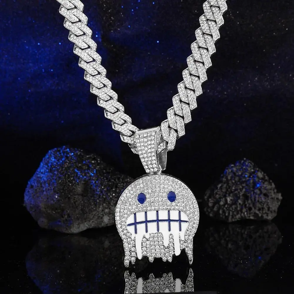 Women's Smiley Face Pendant Necklace, Silvery Cuban Link Chain with Bling Finish, Affordable Alloy Fashion Costume Jewelry, Chain Jewelry, Costume Necklaces, Fashion Pendant Necklace