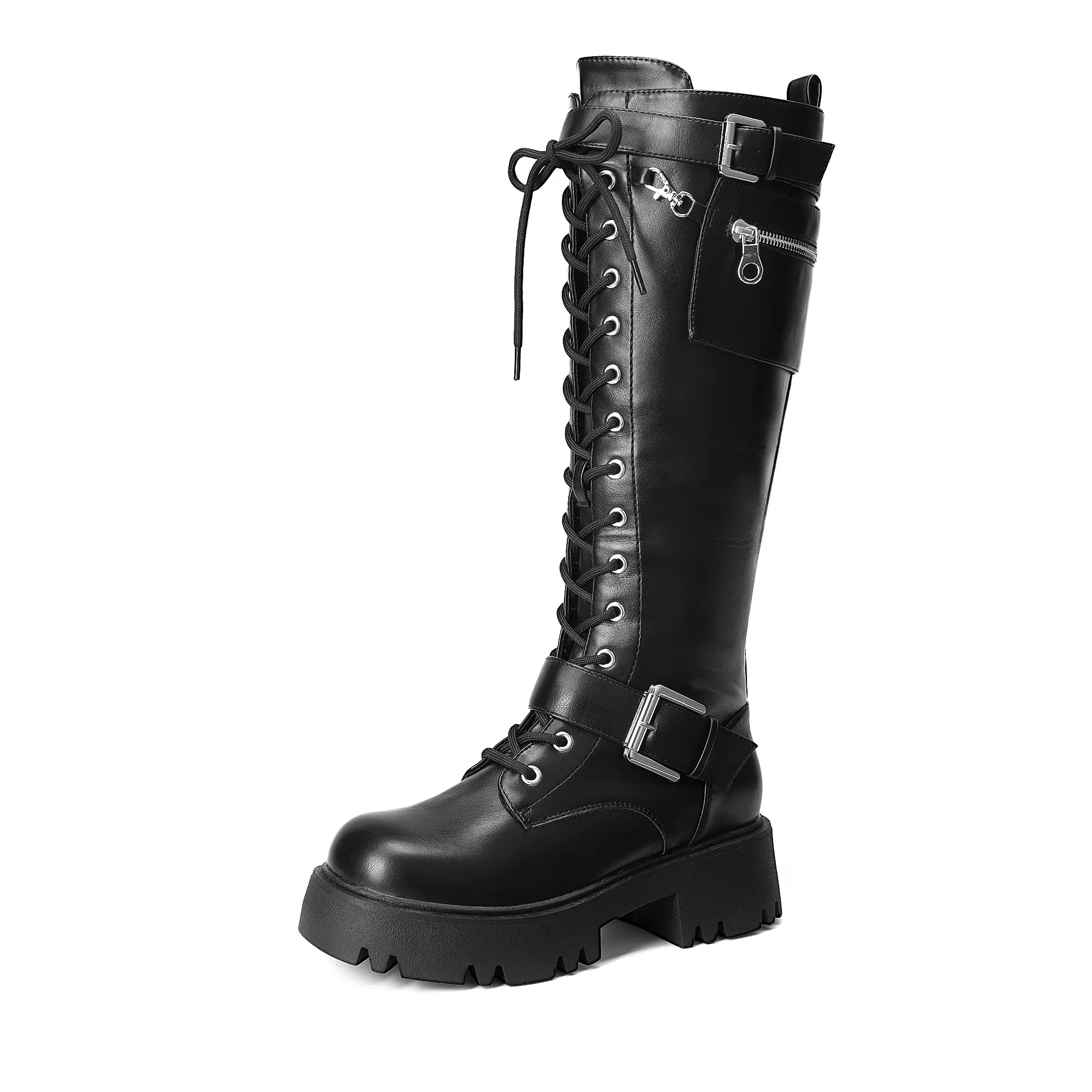 Dream Pairs Women's Knee High Platform Gothic Combat Boots - Lace-Up Biker Style, Lug Sole, Side Zipper, Removable Pocket, Statement Shoes, Alternative Footwear