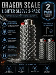 Dragon Scale Bic Sleeve 2-Pack, Textured Grip Lighter Case, 3D Printed Armor Style Cover, Fits Standard Bic Lighters