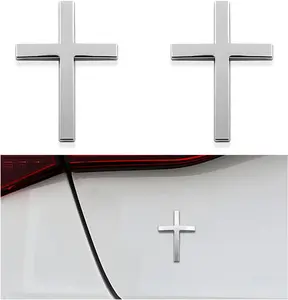 2PCS Metal Jesus Christ Cross Badge Stickers, 2.5"×1.8" Alloy 3D Individual Car Cross Sticker, Self Adhesive Scratch Covering Metal