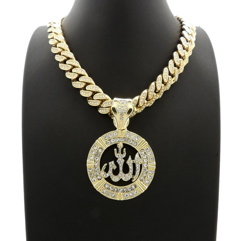 Men's Allah Muslim Religious Medal Gold Plated Pendant 13mm 18" 20" 24" Iced CZ Cuban Chain Necklace Hip Hop Style Fashion Jewelry