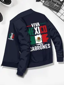 Men's Fashion Stand Collar Jacket, Casual Letter Print Design, Long Sleeve, Comfortable Warmth, Perfect for Fall & Winter, Casual Jacket Coat
