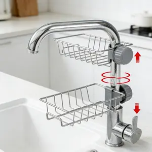 Kitchen Sink Faucet Organizer, Adjustable Detachable Sponge Holder, Rustproof Stainless Steel Sink Drain Rack with Towel Hook, Multi-Purpose Storage for Kitchen & Bathroom