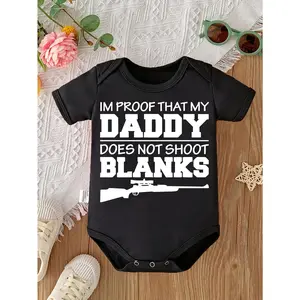 Cute Baby Bodysuit With I M Proof That My Daddy Does Not Shoot Blanks Print Soft Versatile Round Neck Button Detail Regular Fit All Seasons Knitted Fabric Onesie