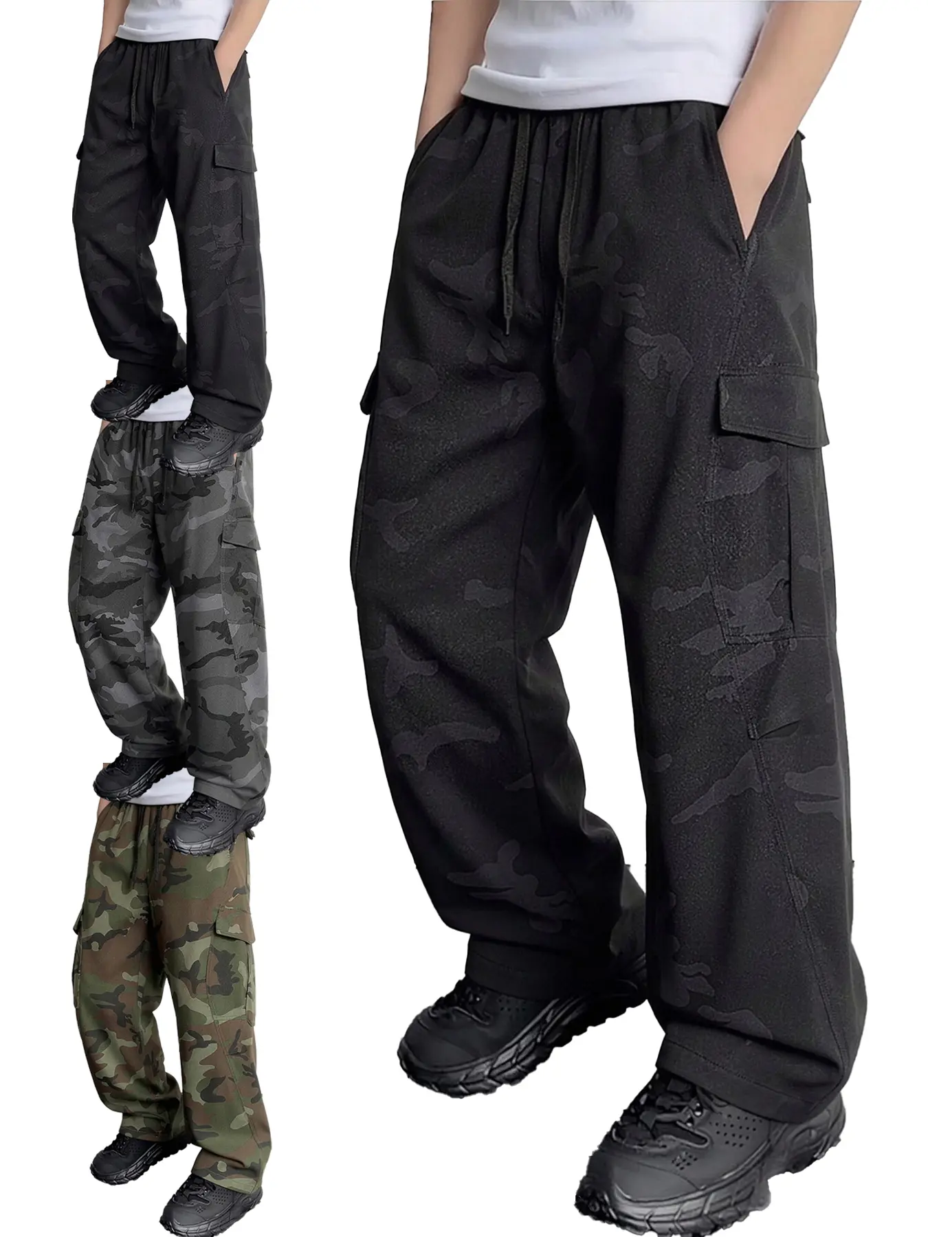 Men’s camouflage cargo sweatpants with a curved cut; loose wide straight-leg design; drawstring elastic waistband; oversized side cargo pockets; retro camouflage print streetwear pants; soft, comfortable casual trousers—perfect for teenage boys’ fall/wint
